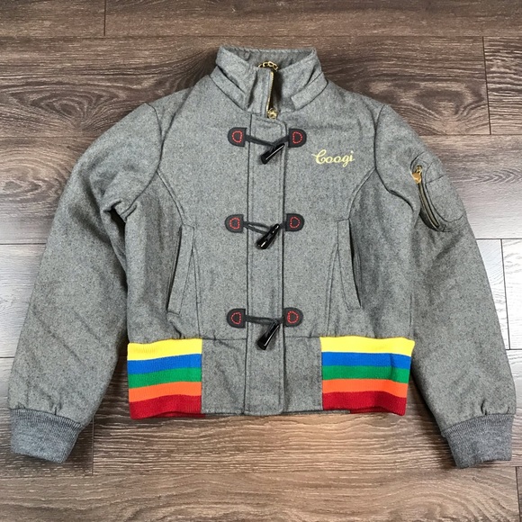 Coogi Womens Carpet Logo Rainbow Pride Full Zip Gray Wool Varsity Bomber Jacket - Picture 7 of 9